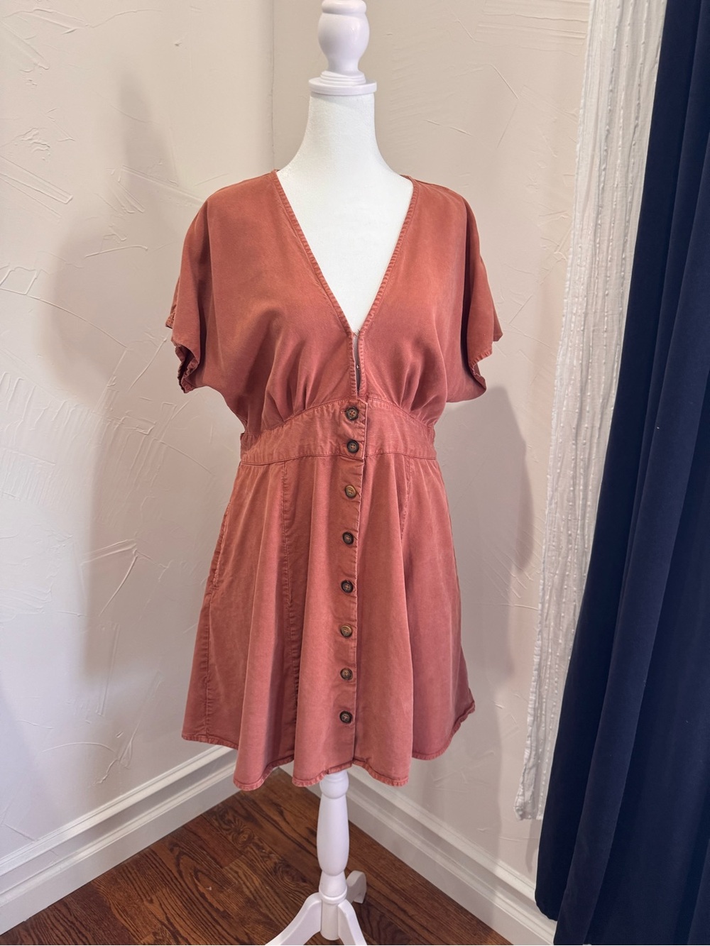 Quince Vintage Wash Tencel Button-Front V-Neck Dress